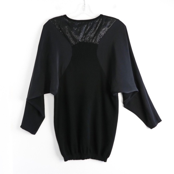 Nicole Miller black batwing sweater long knit top sequin silk tunic mixed fabric - Picture 2 of 6